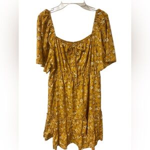 SHEIN Mustard Yellow Floral Tiered Midi Dress with Puff Sleeves